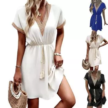 Кружевное А-силуэтное летнее платье для женщин Повседневное мини-юбка с V-образным вырезом и эластичными кисточками Винтажное вечернее платье M белый