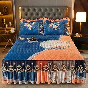Кружевное бархатное покрывало с европейским принтом, стеганое покрывало на кровать, мягкая юбка с двойными рюшами в стиле Queen King и 2 наволочками Only 2pcs pillowcase