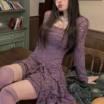 Кружевное базовое повседневное женское платье с квадратным воротником, туника с тонкой талией, универсальные платья Y2k, эстетичное сексуальное модное элегантное платье S фиолетовый