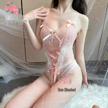 Кружевное боди на бретельках с цветочным узором, застежкой на кнопках в области ластовицы и набором подвязок A720 One Size