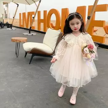 Кружевное газовое платье принцессы для девочек, тюлевое платье с длинными рукавами и v-образным вырезом для дня рождения, детская одежда 2T бежевый