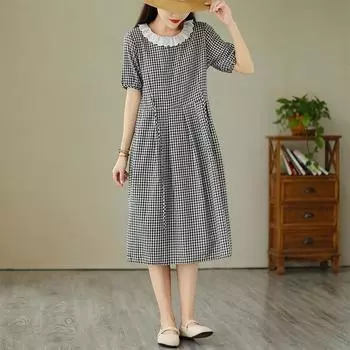 Кружевное кружевное клетчатое платье с круглым вырезом, женское летнее винтажное платье 2025 года с кукольным вырезом и рукавами-фонариками на талии, длинное платье M