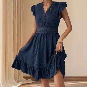 Кружевное кружевное пэчворк плиссированное V-образное декольте с небольшими рукавами-крылышками темпераментное элегантное платье S темно-синий