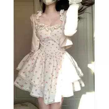 Кружевное милое платье Kawaii, женское винтажное элегантное милое мини-платье без рукавов с женским принтом, корейское модное платье на бретелях, новинка 2024 года, лето S бежевый