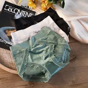 Кружевное нижнее белье для женщин с высокой талией, сексуальное, удобное, дышащее, антибактериальное, бесшовное, сатиновое, с поясом, трусики из ледяного шелка M чёрный