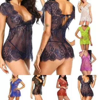 Кружевное нижнее белье для женщин, сексуальное прозрачное платье-бэбидолл для сна, комплект с Т-стрингами WineRed,2XL