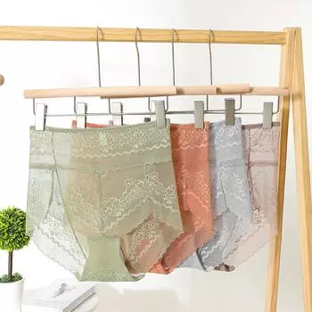 Кружевное нижнее белье с высокой талией для женщин, бесшовные трусики из чистого хлопка, утягивающие промежность, женские трусики, сексуальные, большого размера L чёрный