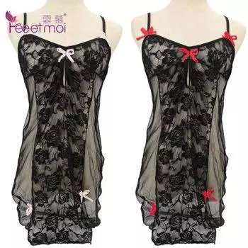 Кружевное нижнее белье, сексуальное, популярное, эротическое, с глубоким V-образным вырезом, одежда для сна Babydoll, шея, прозрачный декор с бантом, ночная рубашка, одежда для сна, платье XL