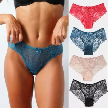 Кружевное нижнее белье трусики женские полые прозрачные брифы S