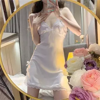 Кружевное ночное платье Pure Desire на подтяжках, женские летние сексуальные пижамы из ледяного шелка, модная однотонная одежда с бантом, мягкая одежда S чёрный