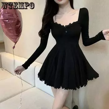Кружевное однотонное мини-платье с длинным рукавом, женское платье Лолиты Kawaii, вечернее и клубное повседневное весеннее тонкое элегантное корейское платье S белый