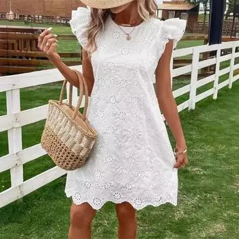 Кружевное однотонное свободное платье Повседневные платья Женская одежда XXL белый