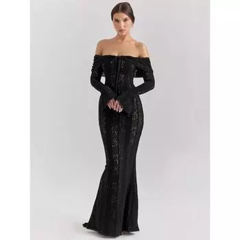 Кружевное платье макси с открытыми плечами, сексуальное, без бретелек, с открытой спиной, с длинным рукавом, облегающее, для вечеринки в клубе, платье макси S