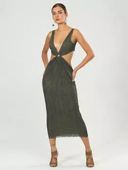 Кружевное платье-миди цвета хаки с заниженной талией