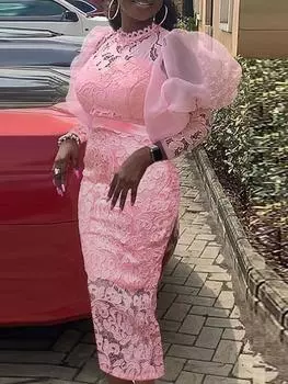 Кружевное платье облегающее женское платье миди с пышными рукавами в стиле ретро, элегантное летнее платье для вечеринки, дня рождения, свадьбы, наряды подружки невесты, платье для мероприятия S розовый