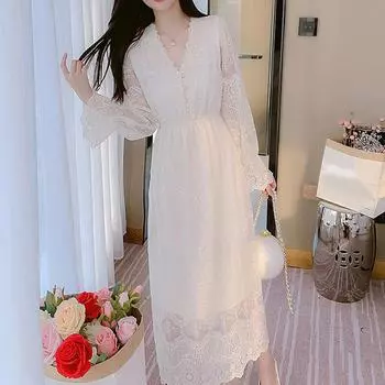Кружевное платье с длинными рукавами, новая облегающая талию юбка ранней осени, длинная полая юбка с v-образным вырезом для женщин L белый