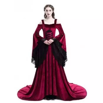 Кружевное платье с открытыми плечами в стиле середины века, длинное платье, сценический костюм, женское готическое платье макси, платья для косплея на Хэллоуин, длинное средневековое платье в стиле ретро S красный