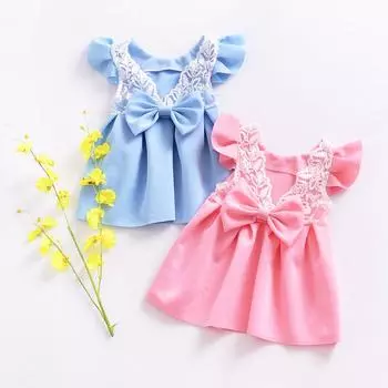 Кружевное платье с рукавами-крылышками для маленьких девочек, милое платье с открытой спиной и бантом 90 синий