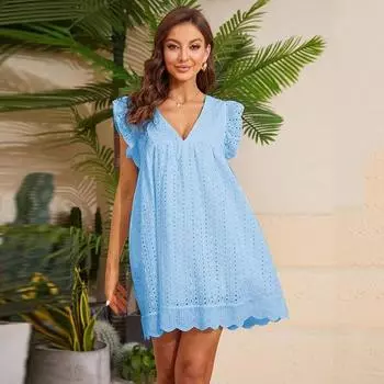 Кружевное платье с v-образным вырезом, женское летнее элегантное мини-платье трапециевидной формы с карманами, жаккардовое повседневное белое платье Vestidos 22293 S белый