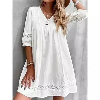 Кружевное платье с V-образным вырезом, свободное платье с рукавами 3/4 для отпуска, женская одежда XS белый