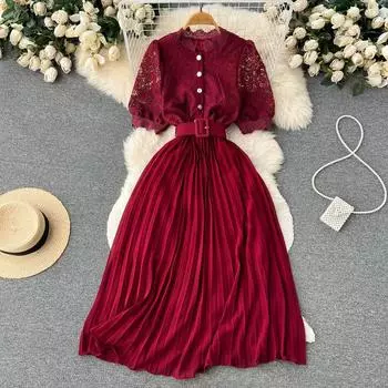 Кружевное полое французское платье с вышивкой, нежный ветер, темпераментная талия, французское плиссированное платье феи