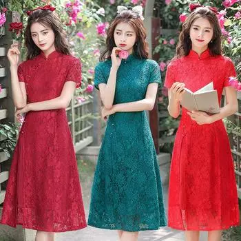 Кружевное повседневное платье Cheongsam средней длины Ao Dai, улучшенное тонкое платье в китайском стиле в стиле ретро 4XL красный