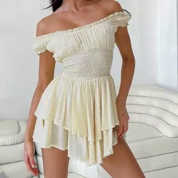 Кружевное повседневное платье с открытыми плечами и короткими рукавами, женское летнее тонкое сексуальное короткое платье, женские многослойные платья с высокой талией и рюшами 27780 S абрикосовый