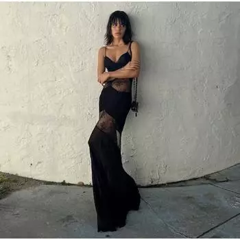 Кружевное прозрачное платье макси на бретелях, женское сексуальное облегающее черное платье без рукавов с открытой спиной, длинное женское платье 2025 года для летней вечеринки S чёрный