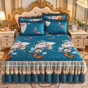 Кружевное стеганое покрывало принцессы, бархатное постельное белье с кристаллами, комплект королевского размера, толстые зимние теплые хлопковые свадебные покрывала 3 Pcs 150x200cm