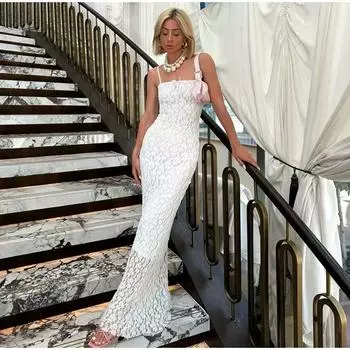 Кружевное вечернее платье-футляр на бедрах, женское платье без рукавов, женский вечерний макси, белый полый женский халат XS белый