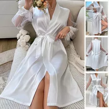 Кружевной ажурный женский халат-кимоно, ночное белье, сексуальное шелковистое атласное платье, летнее новое женское платье, домашняя одежда XS белый