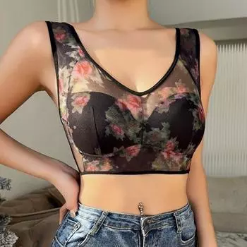 Кружевной бюстгальтер без пряжек и без оправы с фиксированной чашкой и жилетом больших размеров для мам XL чёрный