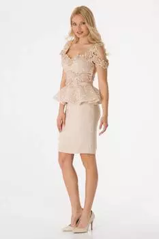 Кружевной Детальный Вечерний Костюм с Дейзи Бежевый