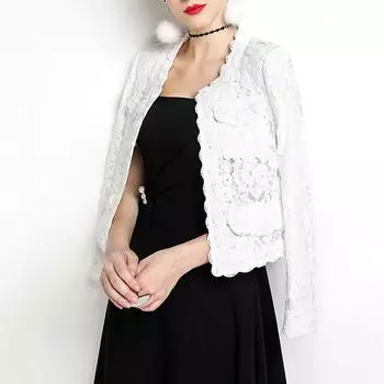 Кружевной длинный тонкий кардиган для женщин с открытой передней частью и цветочным принтом, пальто L чёрный