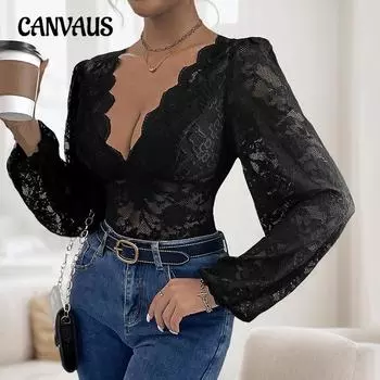 Кружевной комбинезон с длинными рукавами, сексуальный прозрачный женский боди с V-образным вырезом S чёрный