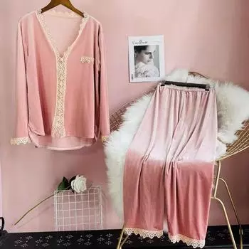 Кружевной комплект, свободная домашняя одежда, женский комплект для сна, пижамный комплект из 2 предметов, теплая бархатная пижама, домашняя одежда M