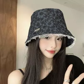 Кружевной край цветочный узор кружевная шляпа-ведро весна и осень мода универсальный лицо мелкий узор шляпа-горшок прилив M56-58cm чёрный