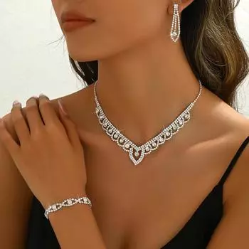 Кружевной круг со стразами Женское серебряное ожерелье, серьги, браслет, кольцо, четыре части, свадебная фотография