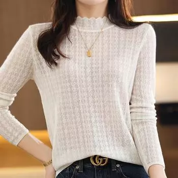 Кружевной кружевной воротник Вязаный кардиган с длинными рукавами для женской весны и осени Шерстяная базовая рубашка Повседневный тонкий внутренний топ S белый