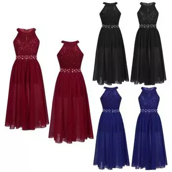 Кружевной лиф с лямкой на шее для девочек и шифоновым наложением, свадебное платье подружки невесты для выпускного вечера, платье-комбинезон макси 5-6 Years синий