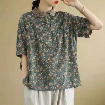 Кружевной лоскутный воротник с коротким рукавом, летняя осенняя художественная хлопковая льняная блузка, винтажные топы с цветочным принтом, повседневная рубашка для женщин M