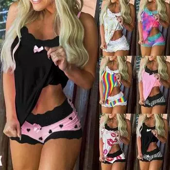 Кружевной пижамный комплект без рукавов с бантом на бретельках, короткий комплект для сна, кружевной пижамный костюм, одежда для сна, женские ночные рубашки XXXL