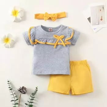 Кружевной пуловер с бантом для девочек, однотонные шорты, комплекты одежды для девочек 70