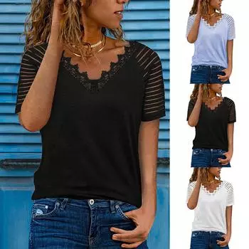 Кружевной пуловер с v-образным вырезом и короткими рукавами, женская однотонная повседневная футболка XXL белый