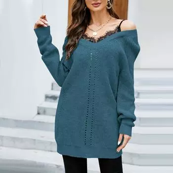 Кружевной пуловер с v-образным вырезом, свитер, женская мода, свободный искусственный топ из двух частей, трикотаж M