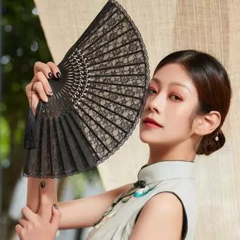 Кружевной ручной веер, китайский складной с кисточкой, портативный бамбуковый шелковый веер для свадебных вечеринок, летние принадлежности белый