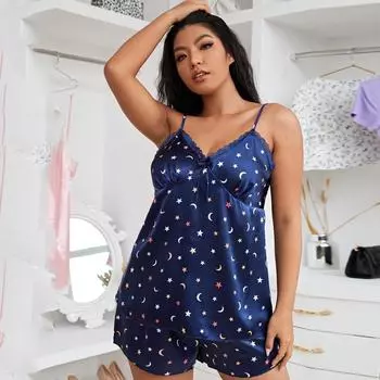 Кружевной сексуальный пижамный комплект для женщин с принтом и v-образным вырезом, свободный топ, шорты, дышащий мягкий комплект одежды для сна, летний повседневный легкий, удобный плюс домашний комплект XL