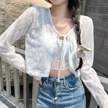 Кружевной солнцезащитный крем, кардиган, белые топы на шнуровке с длинными рукавами и защитой от солнца