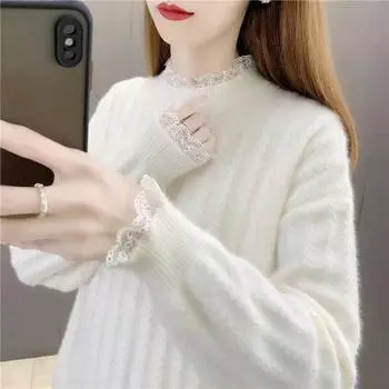 Кружевной свитер из норковой шерсти, женский пуловер, осень-зима 2022, повседневный зарубежный трикотаж с длинными рукавами, пуловер