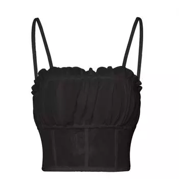 Кружевной топ-топ с бретельками на шее, укороченный топ для женщин, летний регулируемый ремешок, полупрозрачный топ с открытой спиной, повседневный женский укороченный жилет без рукавов S чёрный
